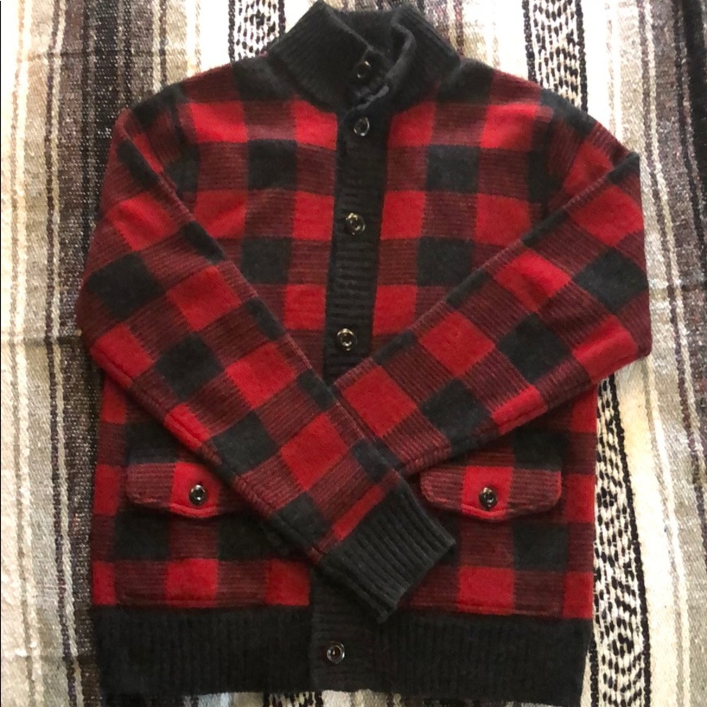 J. Crew mock neck cardigan in buffalo print